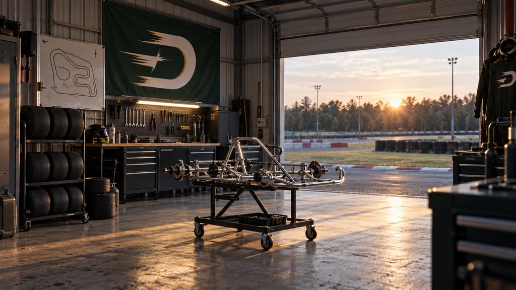 A bare kart chassis on a stand in a DRIFT workshop at dawn.