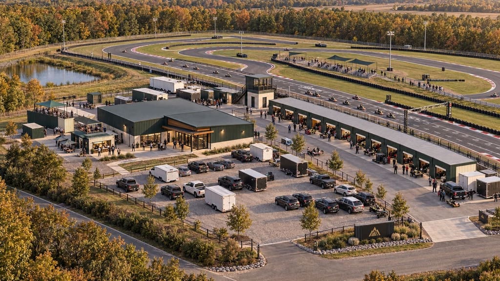 Conceptual aerial rendering of a DRIFT campus: a kart circuit, clubhouse, garages and paddock among autumn trees.