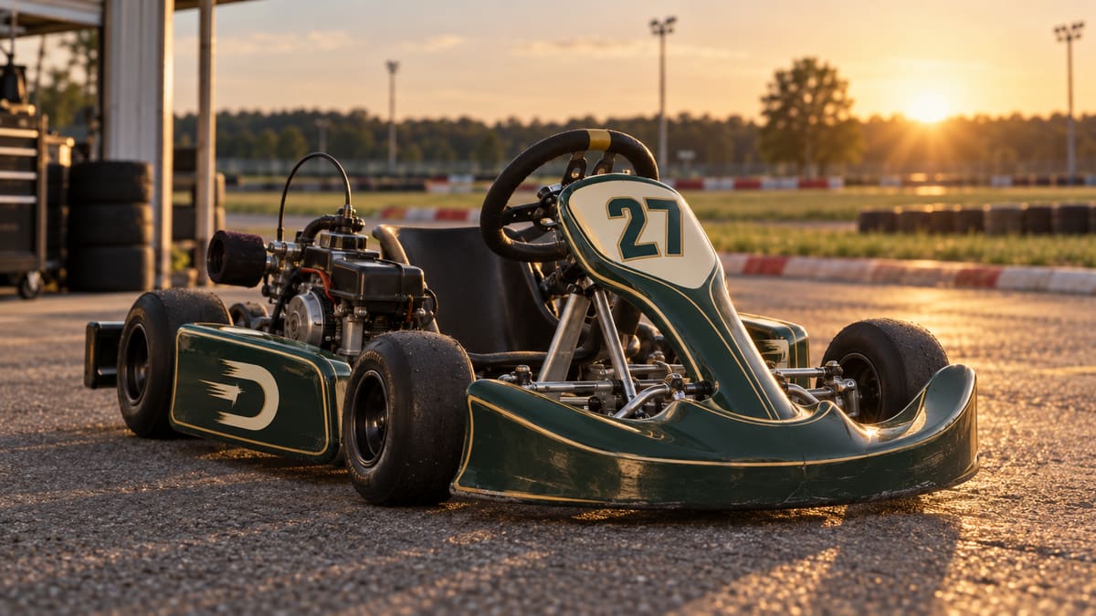 The DRIFT program kart, number 27, in forest green with gold pinstripes, parked in the paddock at golden hour.